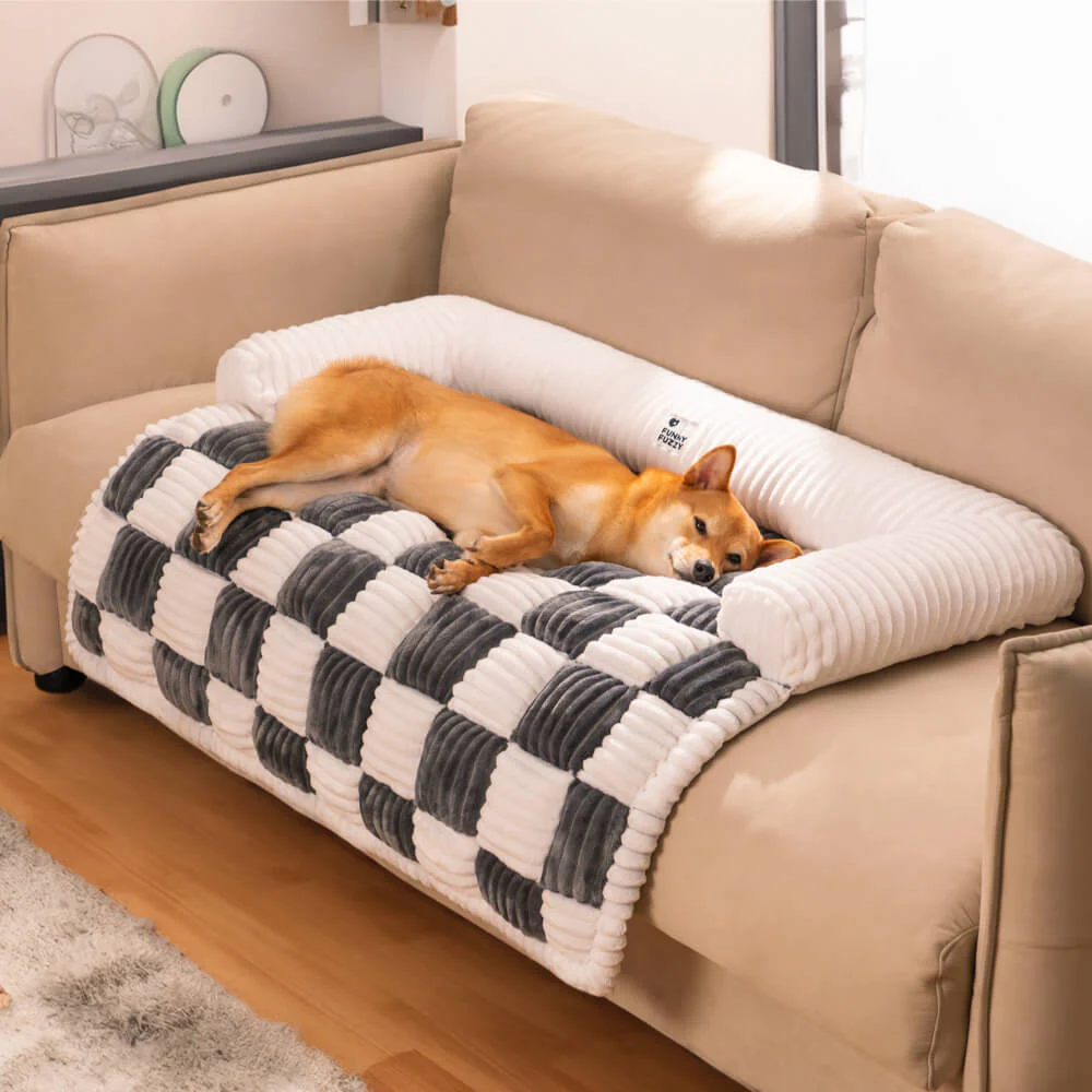 Cream Square Plaid Cozy Dog Mat Furniture Protector Cover - Image 8